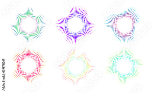 A set of equalisers with neon dots. Sound multicoloured waves. Music symbol, circular sound waves, digital communication. Vector radial spectrum.