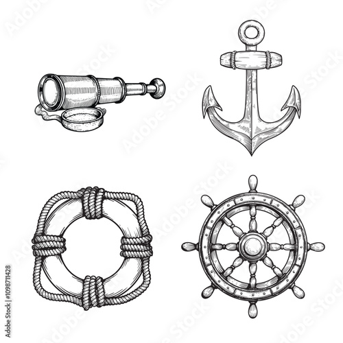 Nautical vintage elements set. Hand drawn sketch style. Symbols of adventure voyage, tourism, outdoor. Anchor, steering wheel, spyglass, lifebuoy. Vector illustrations.