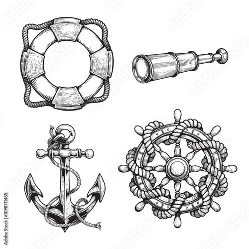 Nautical vintage elements set. Hand drawn sketch style. Symbols of adventure voyage, tourism, outdoor. Anchor, steering wheel, spyglass, lifebuoy. Vector illustrations.