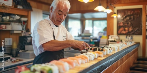 A chef preparing sushi rolls in an intimate family-owned sushi bar, rows of fresh fish and colorful ingredients displayed at the counter photo