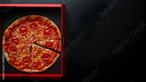 A bright red box containing a freshly baked pepperoni pizza with golden crust, served against a sleek dark backdrop. photo