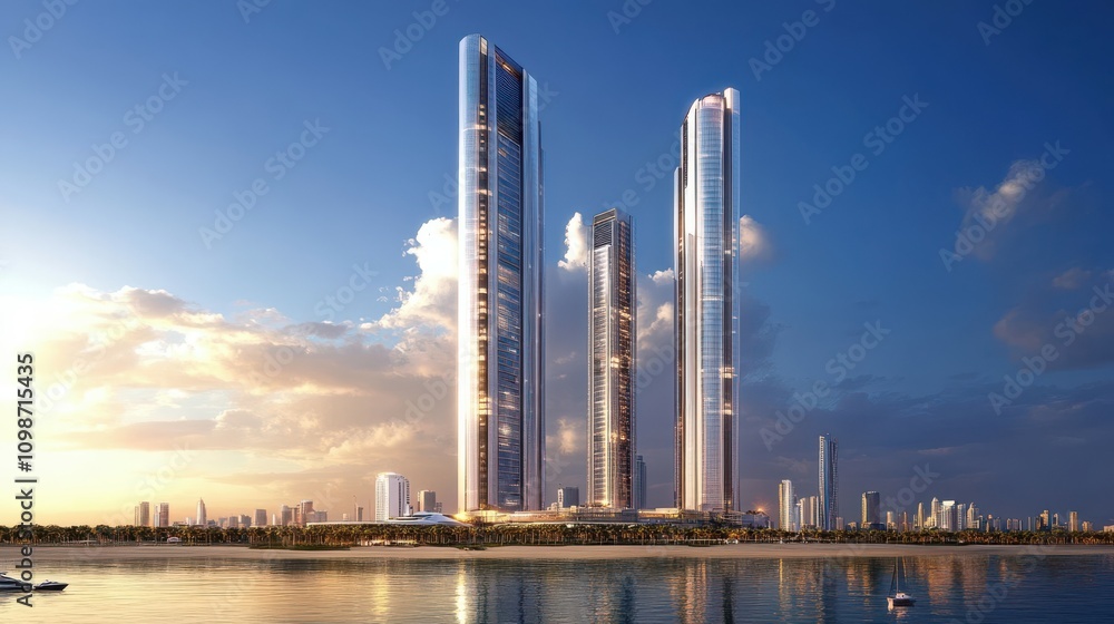 Fototapeta premium Architectural Marvels: Abu Dhabi's Majestic Skyscrapers Piercing the Sky - Marvel at the awe-inspiring skyscrapers that grace the skyline of Abu Dhabi, the epitome of modern architectural grandeur.