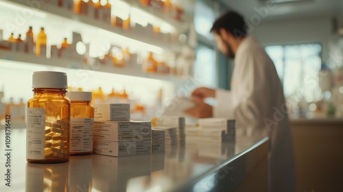 Wallpaper Mural Pharmacist organizing prescription bottles and boxes on a counter, with detailed focus on labeled packaging, blurred pharmacy shelves in the background for a professional setting. Torontodigital.ca