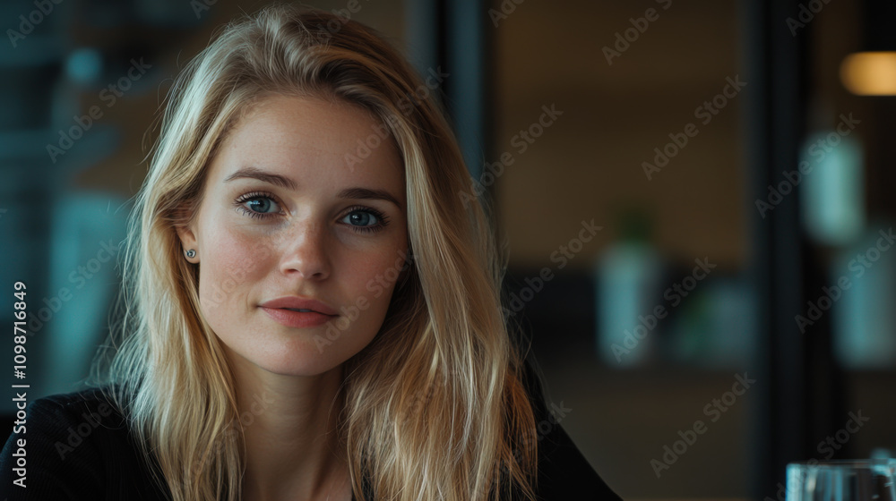 Obraz premium A young woman with long blonde hair sits at a caf?, gazing thoughtfully through a window during a sunny afternoon