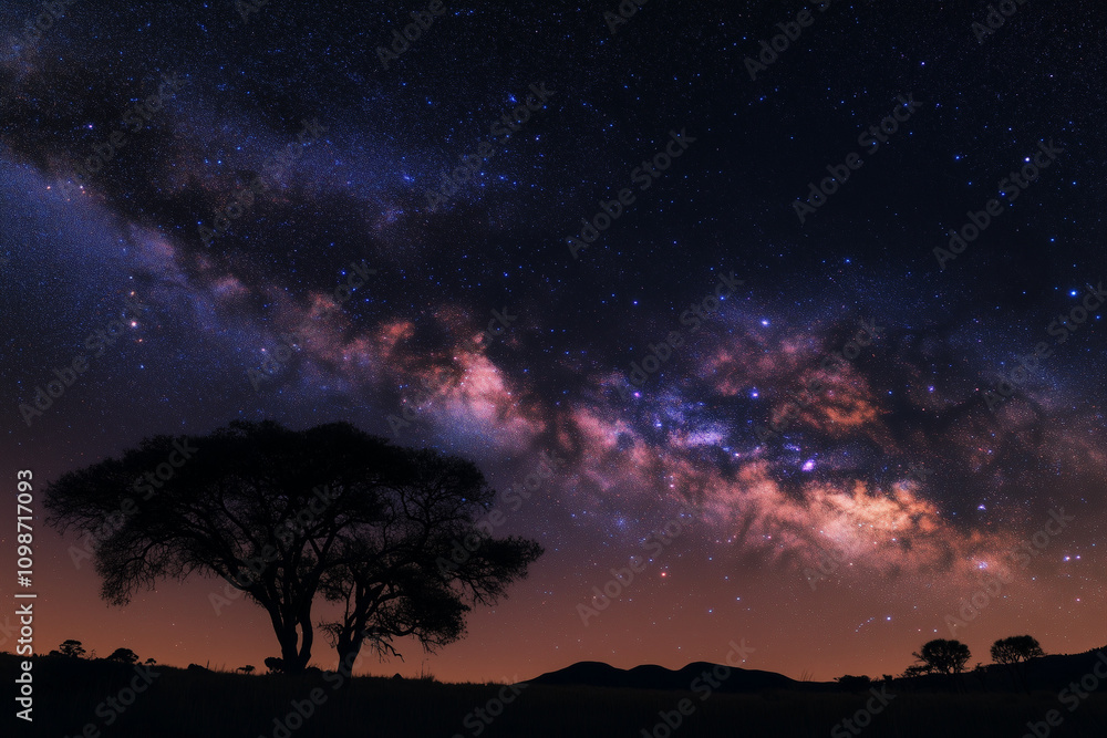 Fototapeta premium A serene starry night scene, focusing on the Milky Way in vivid detail, with its glowing clusters of stars, surrounded by ethereal clouds of gas in shades of pink and blue.