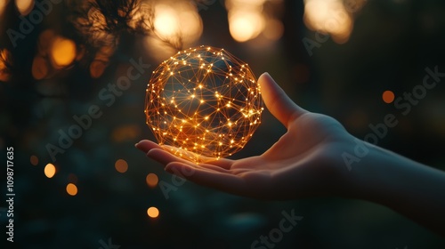 Close up of a woman s hand holding a glowing polygonal globe symbolizing global communication