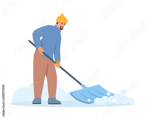Man with shovel removes snow. Winter snowy season outdoor activity. Man shoveling snow in cold weather. Vector character illustration isolated on white background.