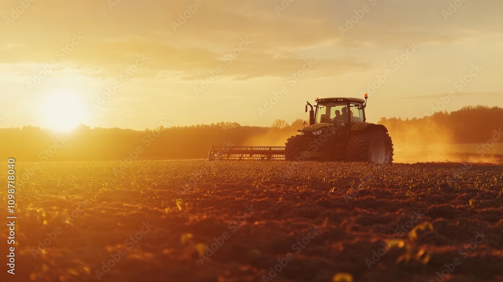 Fototapeta premium A farmer working in the field with a tractor and a harvester. Agriculture concept suitable for production. A tractor on a soybean farm in a spring sunset.