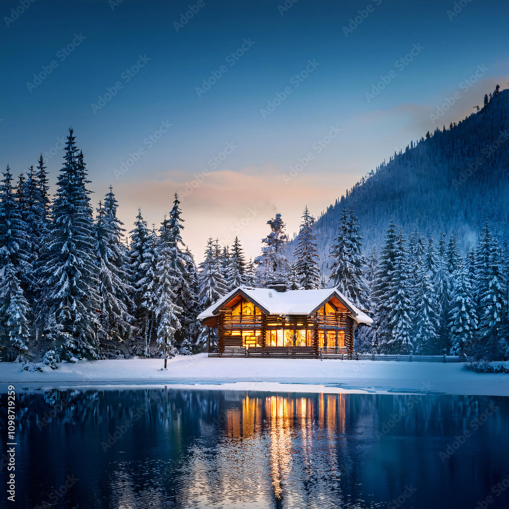 Fototapeta premium Cozy Winter Cabin by the Lake at Dusk