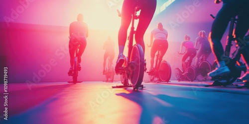 A local gym hosting a charity spin class, cyclists pedaling in unison with motivational music in a bright studio