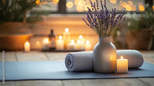 Serene Yoga Space with Lavender and Calm Lighting, Perfect for Meditation and Relaxation