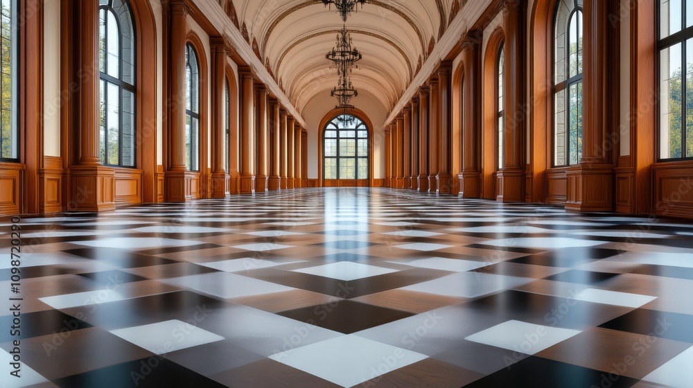 Fototapeta premium Grand interior hall with elegant architecture, large windows, and polished floor in a classic style