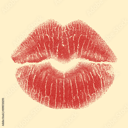 red lipstick kiss print, retro photocopy stipple effect, halftone illustration