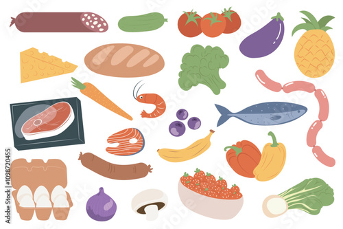 Food products set elements in flat graphic design. Collection of sausage, cucumber, tomato, eggplant, pineapple, cheese, bread, broccoli, steak, carrot, shrimp, fish, egg, other. Vector illustration.