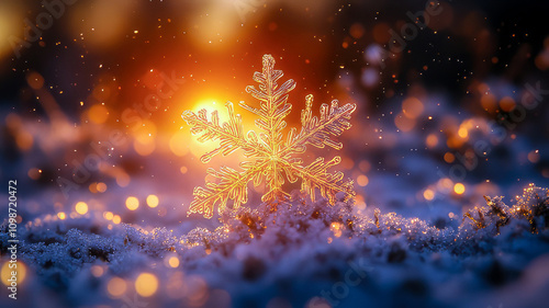 A snowflake lying on the snow, glowing in the sunlight, reflecting the festive New Year’s cheer in a bright, snow-filled winter day.