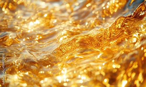 An abstract close-up of water with intricate patterns of golden reflections