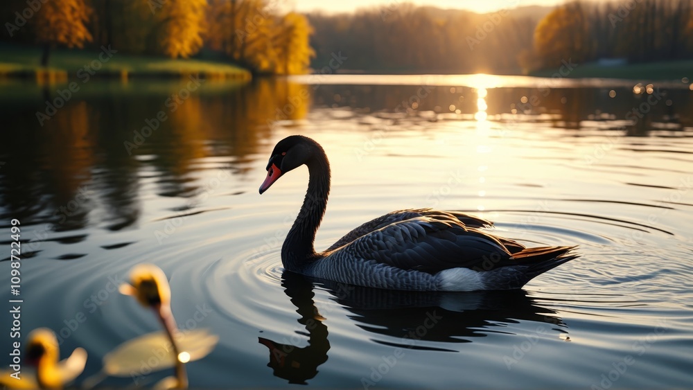 Fototapeta premium Serene black swan on tranquil lake at sunrise with golden reflections