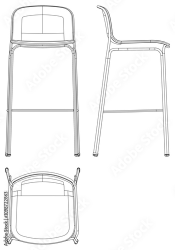 Bar Chair, Bar stool editable vector illustration on white background. chair Line art, clip art, Fancy Chair, Hand-drawn design elements with Front, Side, and Top Views
