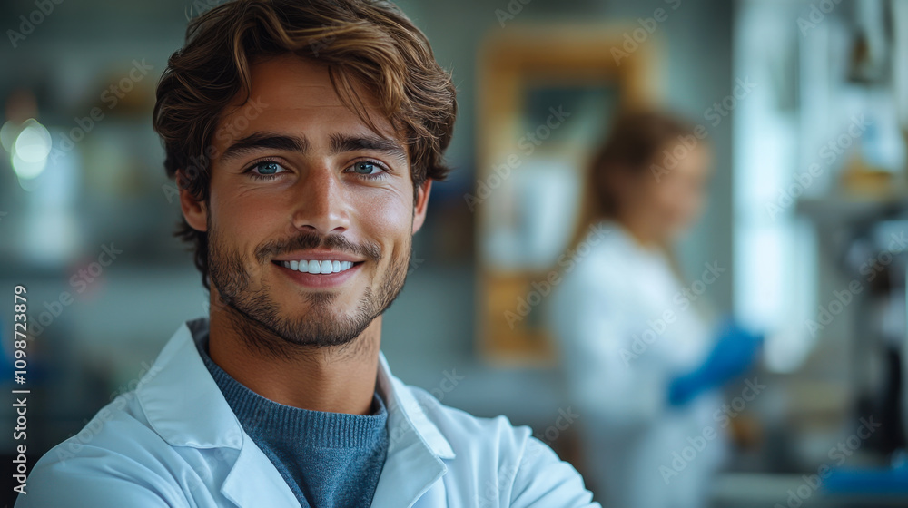 Fototapeta premium Young man smiling confidently in a bright, modern interior space during the morning