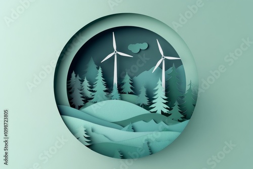 Paper artwork represents renewable energy, particularly green energy from wind turbines, striving for carbon neutrality by 2050, and addressing the reduction of CO2 emissions and energy consumption. photo