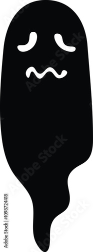 Black and white illustration of a sad ghost floating with a melancholic expression, representing concepts of loneliness, fear, and halloween celebrations