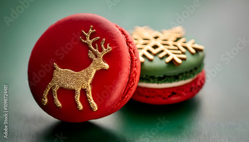 macarons, with, reindeer, decor, new, christmas, merry, xmas, macaron, close up, red, green, gold, golden, colors, color, banner, card, copy space, closeup, bakery, baked, 3d, ad, card, design photo