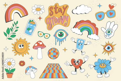 Vintage groovy set elements in flat graphic design. Collection of rainbow, daisy flower, sun, hands, stars, sunglasses, mushroom, eyes, disco ball, heart and other funky mascots. Vector illustration.