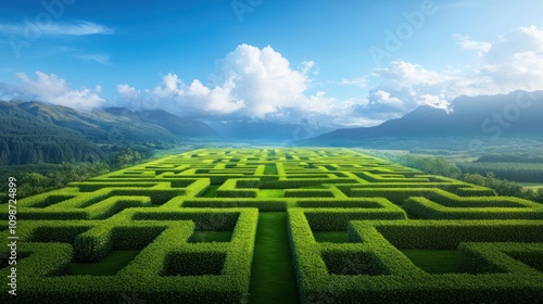 lush green maze unfolds across an expansive landscape, surrounded by hills and mountains, under a bright blue sky adorned with fluffy white clouds