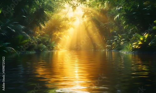 A lagoon with golden light reflecting on its water surface, surrounded by lush greenery
