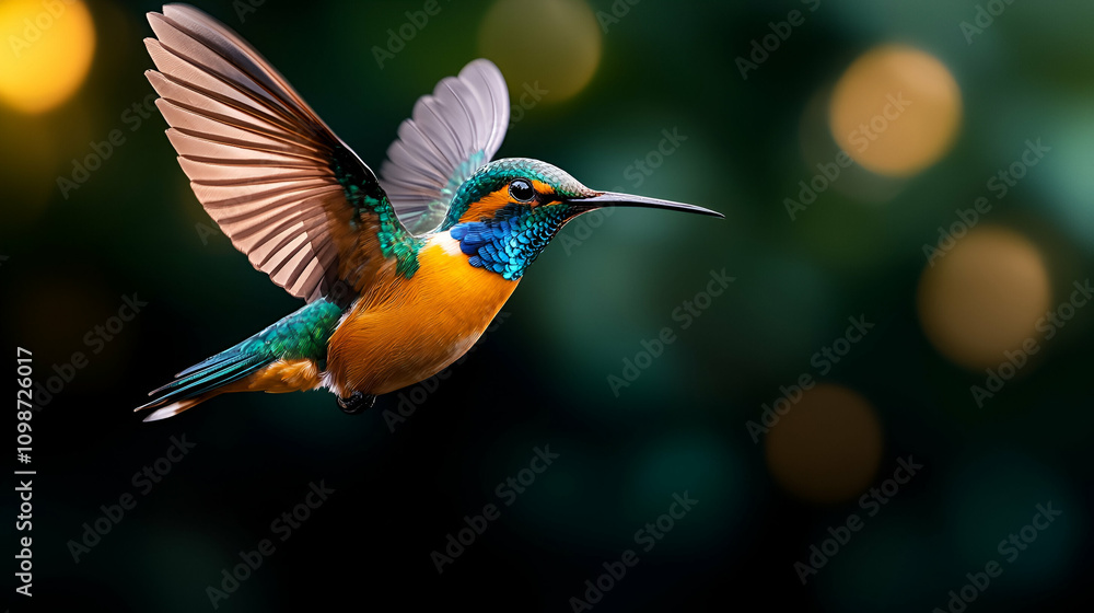Fototapeta premium A vibrant hummingbird in flight, showcasing its colorful plumage against a blurred background.