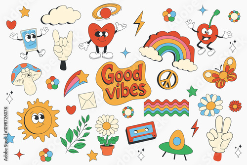 Vintage groovy set elements in flat graphic design. Collection of good vibes, heart, rainbow, cherry, mushroom, cloud, star, peace, daisy, flower, butterfly, other funky mascots. Vector illustration.