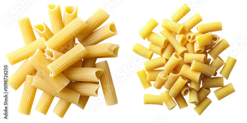 Uncooked rigatoni pasta arranged in piles, isolated on transparent background