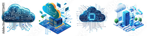 Cloud computing illustration with digital circuits and clouds, isolated on transparent background