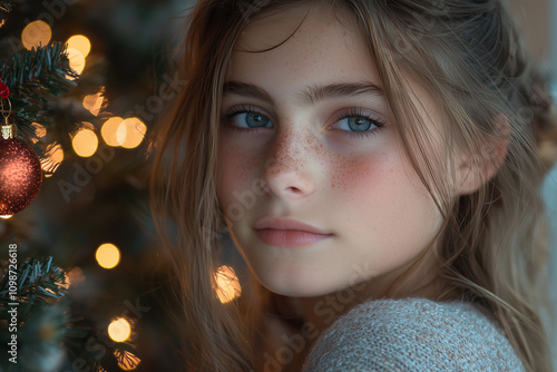 A 20 year old white European American female, attending a Christmas party in her yard at home, with a Christmas tree photo