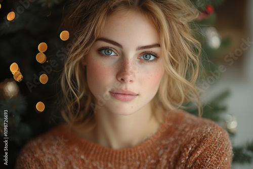 A 20 year old white European American female, attending a Christmas party in her yard at home, with a Christmas tree photo