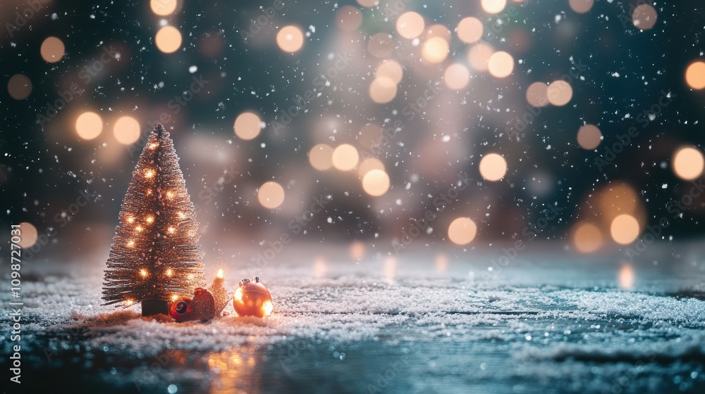 Fototapeta premium Abstract Christmas - Snowy Table With Bokeh Lights And Defocused Christmas Tree
