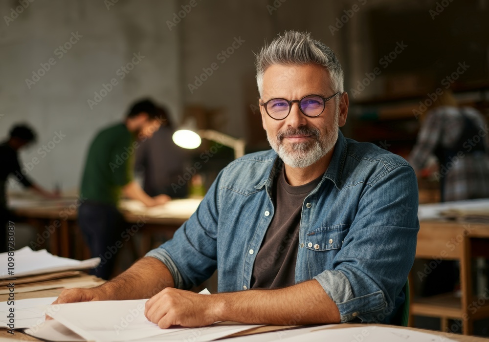 Obraz premium The image features a middle-aged man with a friendly expression, sitting at a desk with papers in front of him, wearing glasses