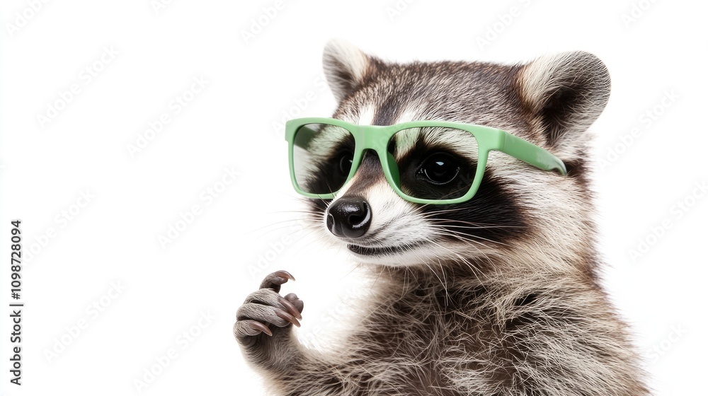 Fototapeta premium Cheerful Raccoon with Green Sunglasses Making a Rock Gesture Against a White Background