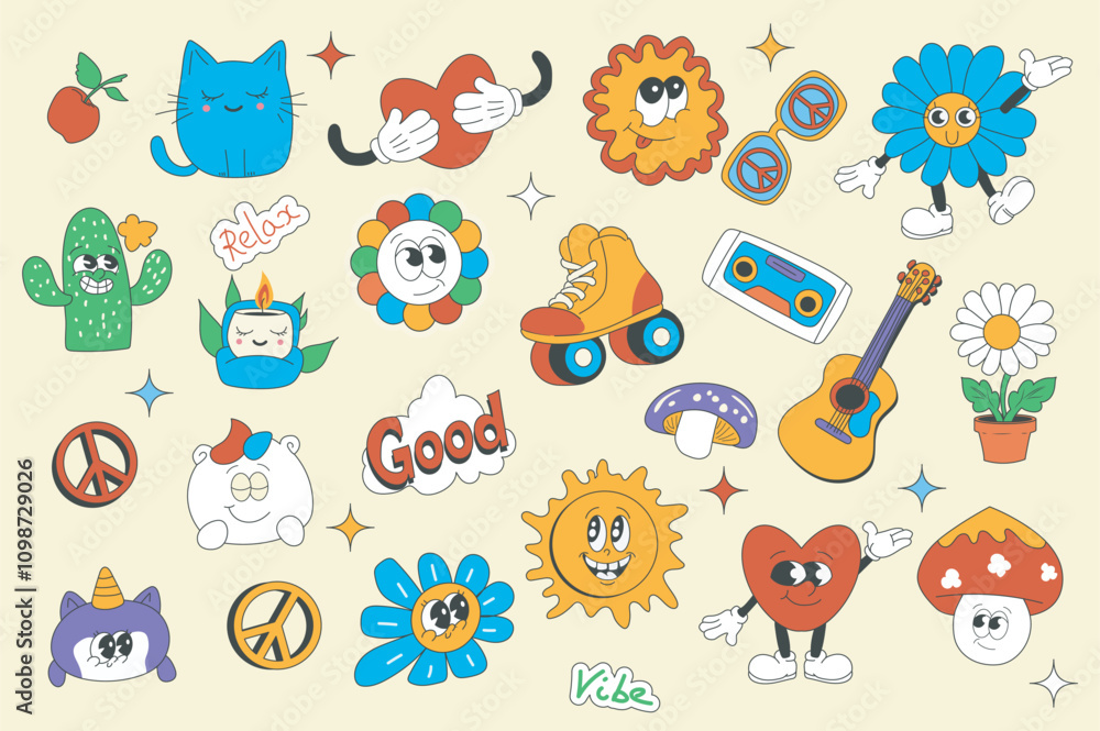 custom made wallpaper toronto digitalVintage groovy set elements in flat graphic design. Collection of funny cat, heart, sun, sunglasses, daisy, cactus, roller skates, music cassette, guitar, peace, unicorn, other. Vector illustration.