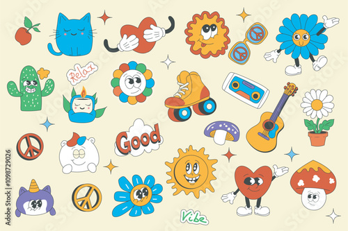 Vintage groovy set elements in flat graphic design. Collection of funny cat, heart, sun, sunglasses, daisy, cactus, roller skates, music cassette, guitar, peace, unicorn, other. Vector illustration.