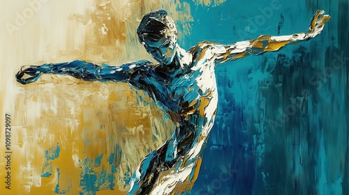 An abstract glossy human figure in a dynamic pose in metallic colors, an expressionistic style photo