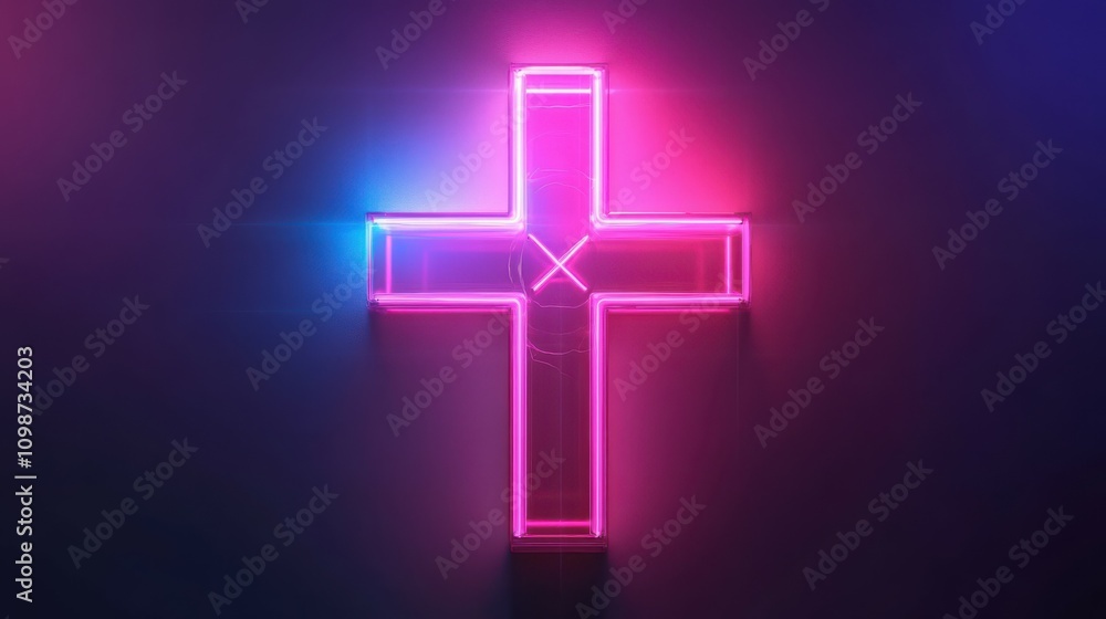 Obraz premium abstract geometric background, iridescent holographic plus sign, cross symbol with pink neon ring