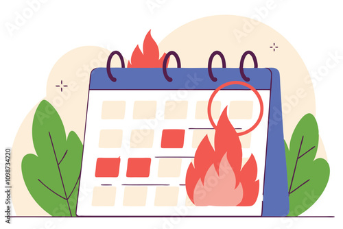 Burning calendar. Deadline disruption. Time management concept. Vector flat illustration
