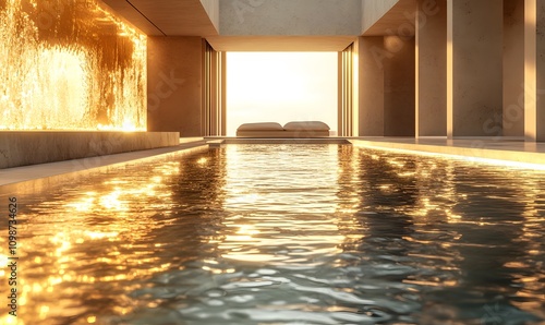 A modern pool with golden light reflecting on its calm water