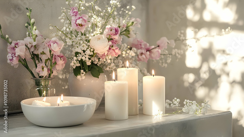 A fresh and delicate arrangement of pink and white flowers paired with glowing candles creating a serene atmosphere.