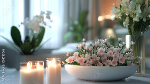 A cozy and inviting space with a focus on candles, delicate pink flowers, and soft lighting creating a peaceful atmosphere.