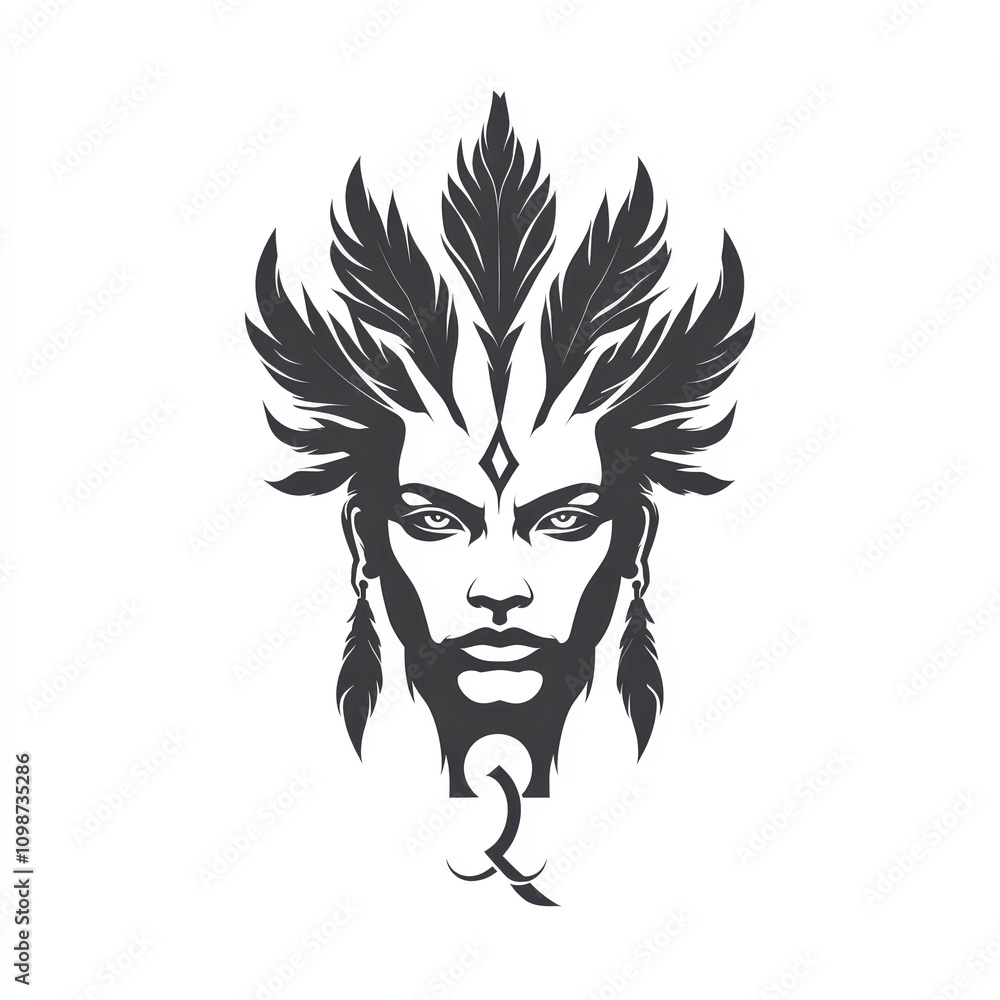 Fototapeta premium This striking artwork showcases a fierce character adorned with feathers and intricate facial markings, capturing a sense of strength and mystique
