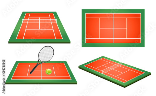 Realistic tennis field. Top view and perspective tennis court ground with green and brown grass and line frame. Vector EPS 10