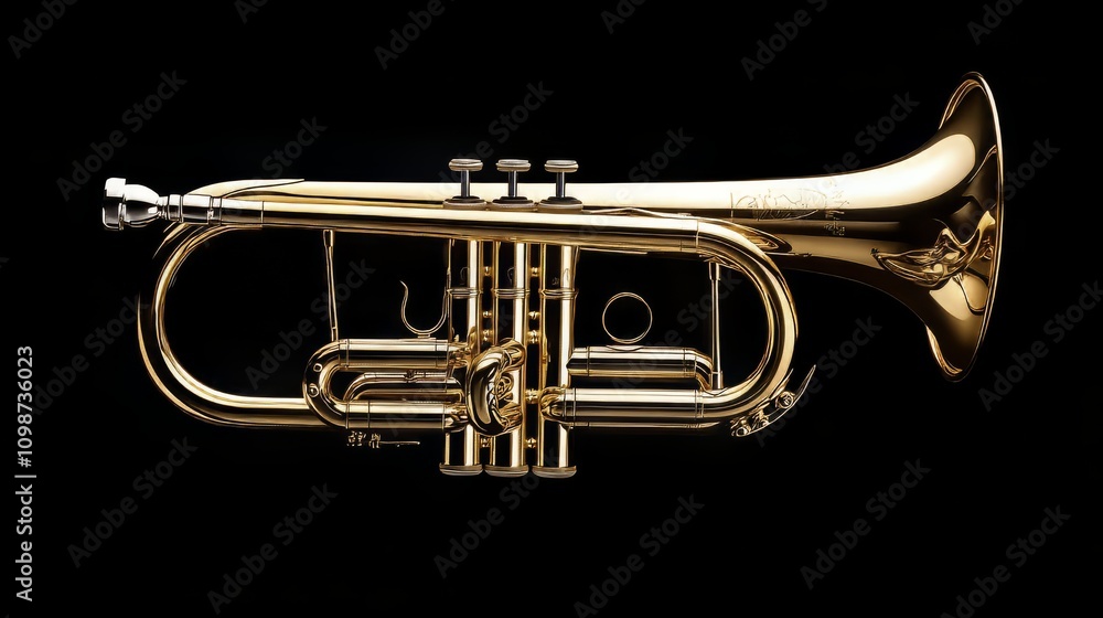 Obraz premium Polished Gold Cornet Horn Against Black Background