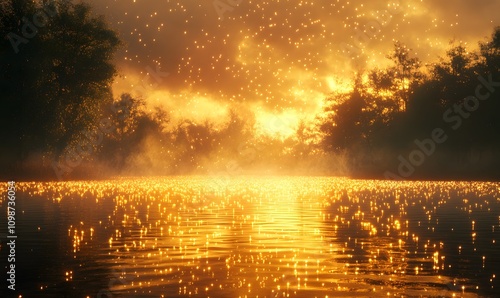 Mystical Golden Lake, A tranquil lake with golden light shimmering across its surface